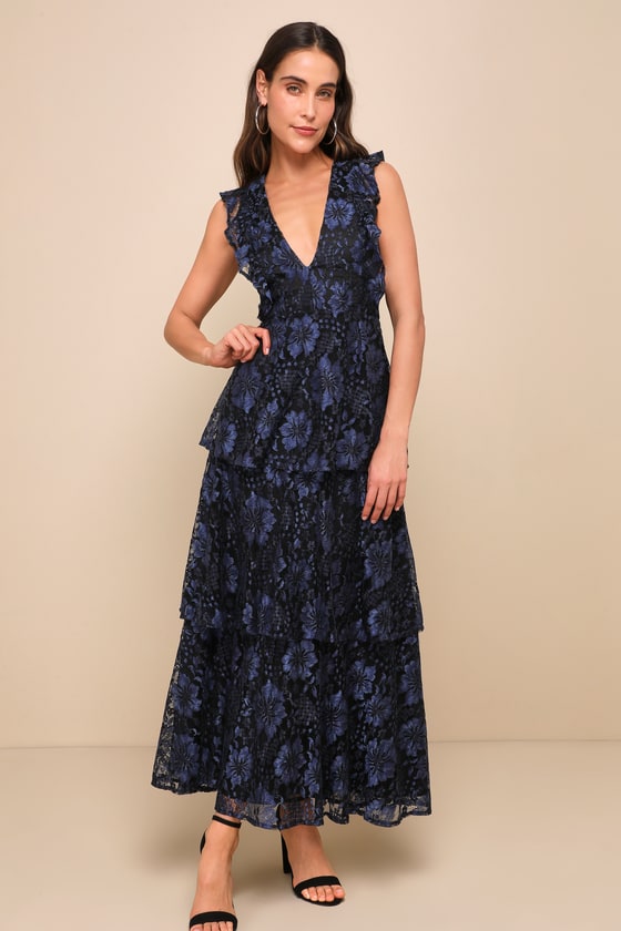 Molinetto Navy Blue Lace Ruffled Tiered Sleeveless Maxi Dress #Color_Navy Blue