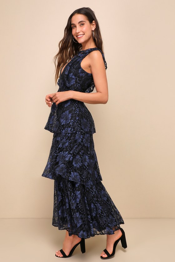 Molinetto Navy Blue Lace Ruffled Tiered Sleeveless Maxi Dress #Color_Navy Blue