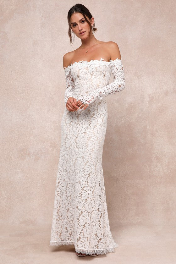 Romance Dreamer White Lace Off-the-Shoulder Maxi Dress #Color_White