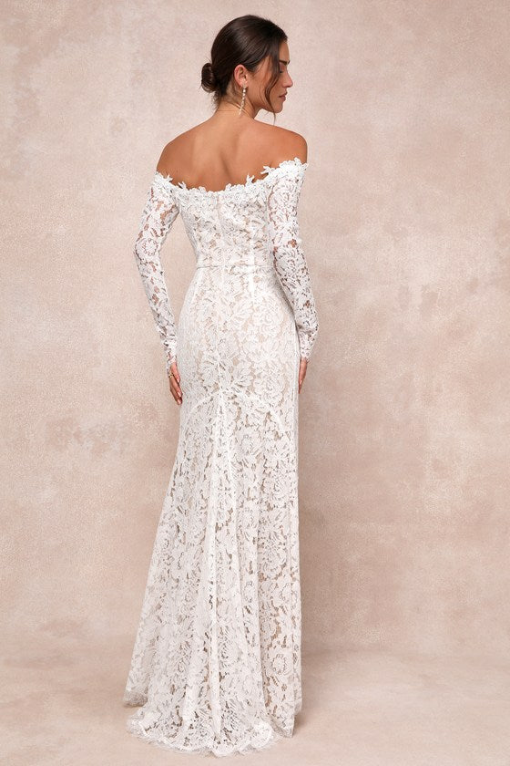Romance Dreamer White Lace Off-the-Shoulder Maxi Dress #Color_White