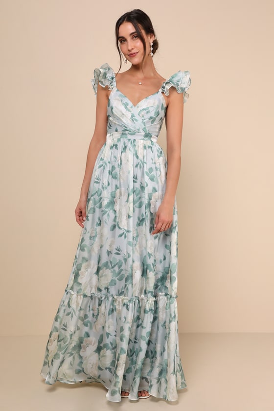 Soiree Perfection Green Floral Ruffled Tiered Maxi Dress #Color_Light Blue Floral