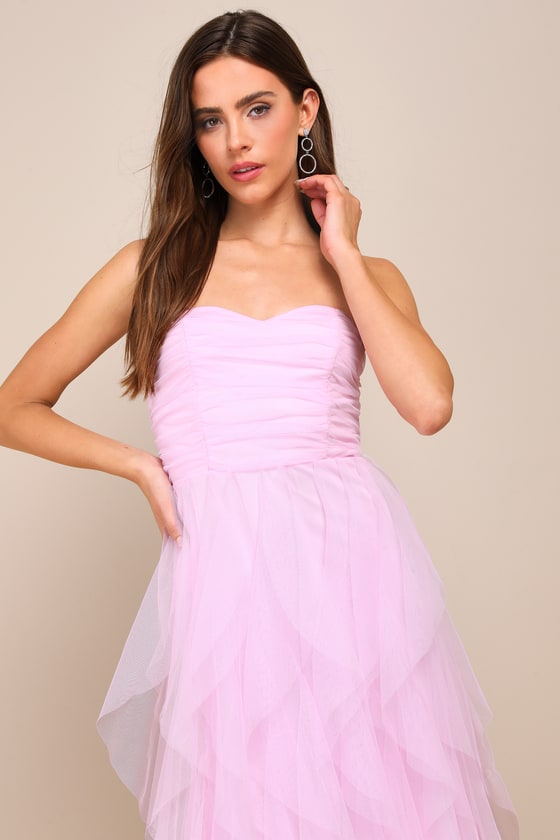 Delightful Beauty Pink Mesh Strapless Ruched Ruffled Maxi Dress #Color_Pink