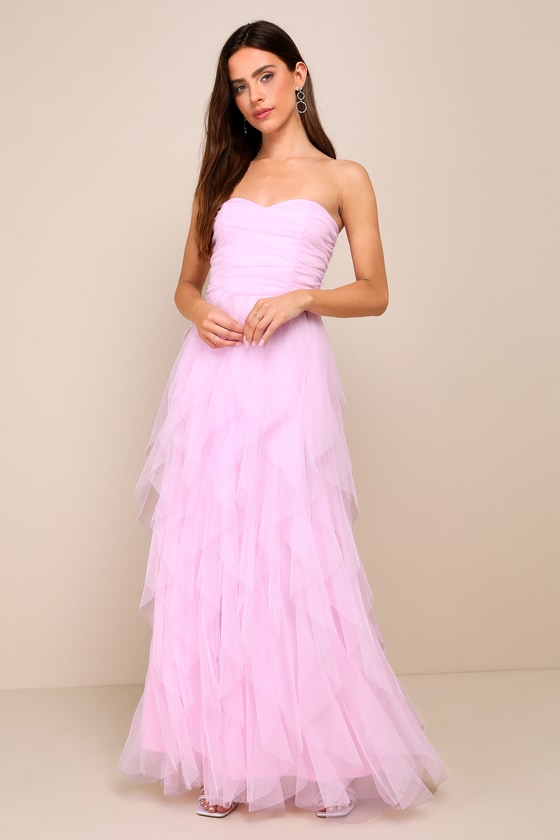 Delightful Beauty Pink Mesh Strapless Ruched Ruffled Maxi Dress #Color_Pink