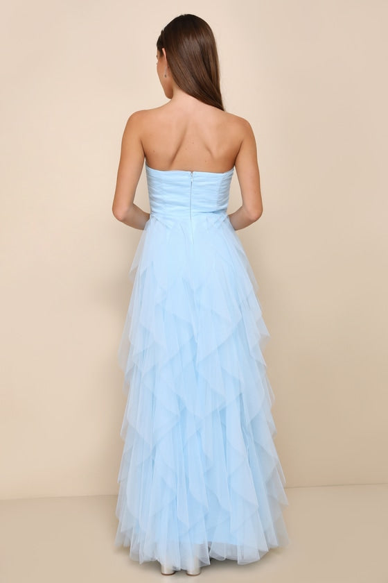Delightful Beauty Pink Mesh Strapless Ruched Ruffled Maxi Dress