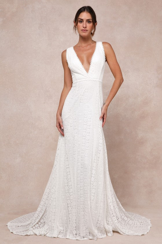 Infinite Bliss Ivory Lace Sleeveless Backless Trumpet Maxi Dress #Color_Ivory