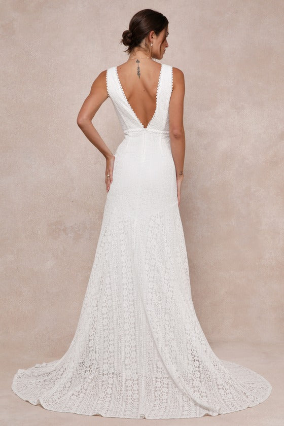 Infinite Bliss Ivory Lace Sleeveless Backless Trumpet Maxi Dress #Color_Ivory