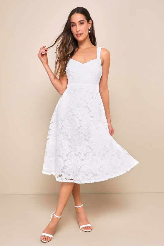 Divine Beauty White Lace Midi Dress With Pockets #Color_White