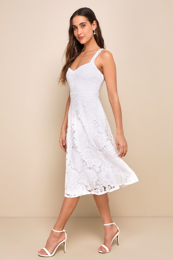 Divine Beauty White Lace Midi Dress With Pockets #Color_White