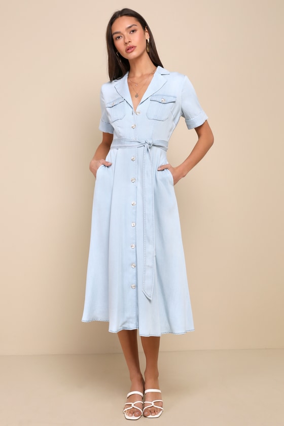 Pleasant Cutie Blue Chambray Collared Midi Dress With Pockets #Color_Blue