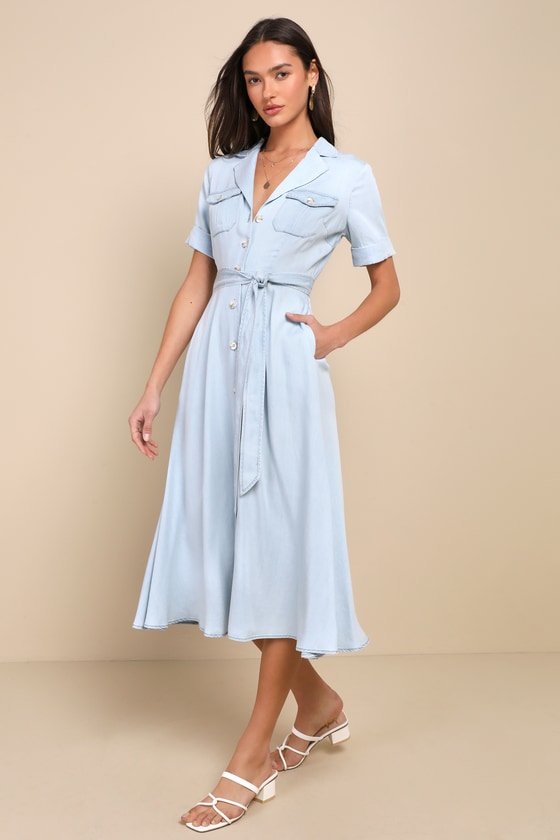 Pleasant Cutie Blue Chambray Collared Midi Dress With Pockets #Color_Blue