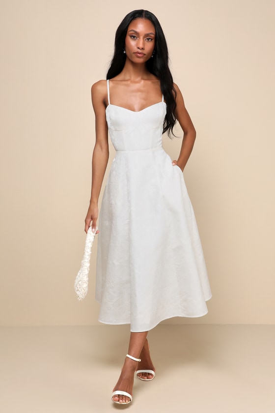Meet for Tea White Jacquard Bustier Midi Dress With Pockets #Color_White