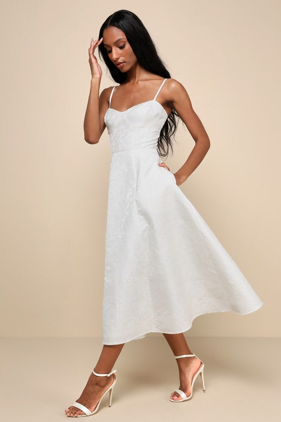 Meet for Tea White Jacquard Bustier Midi Dress With Pockets #Color_White
