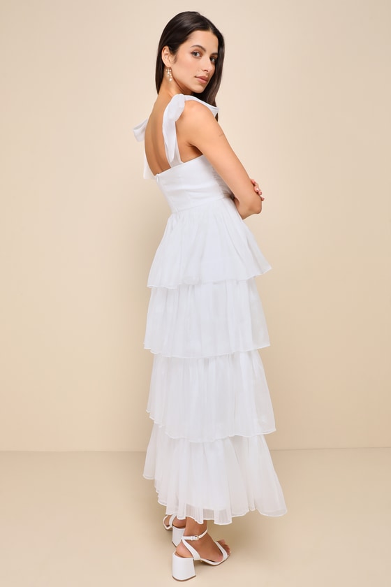 Radiant Arrival Shiny Gold Organza Tiered Tie-Strap Maxi Dress