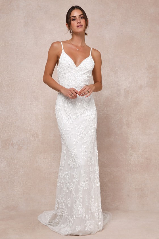 Everlasting Passion White Sequin Beaded Backless Maxi Dress #Color_White