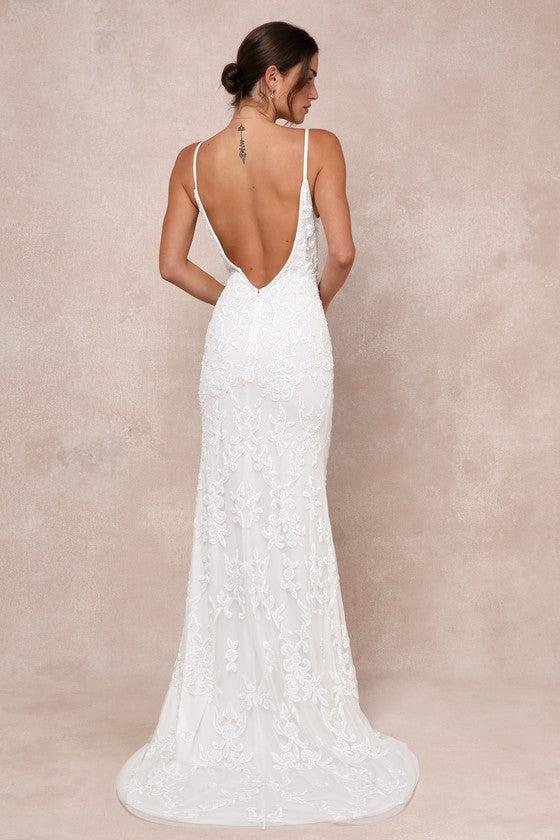 Everlasting Passion White Sequin Beaded Backless Maxi Dress #Color_White