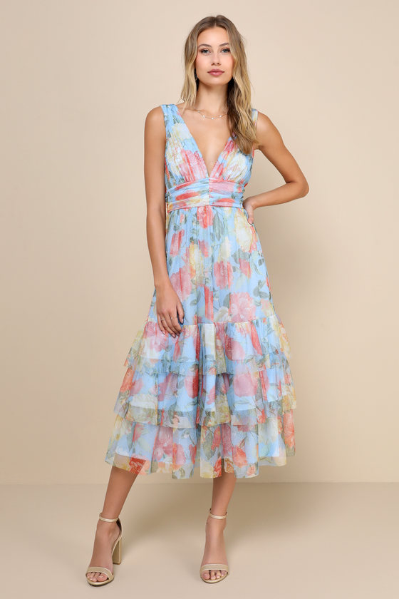 Perfectly Divine Pink Floral Tulle Tiered Ruffled Midi Dress #Color_Blue Floral