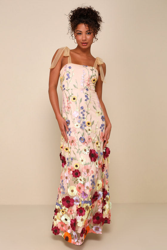Thriving Poise Blush 3D Floral Embroidered Tie-Strap Maxi Dress #Color_Blush