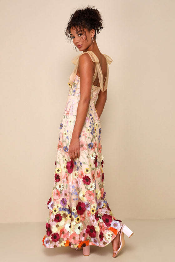 Thriving Poise Blush 3D Floral Embroidered Tie-Strap Maxi Dress #Color_Blush