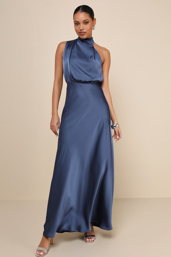 Distinctive Charm Rose Pink Satin Asymmetrical Maxi Dress #Color_Slate Blue