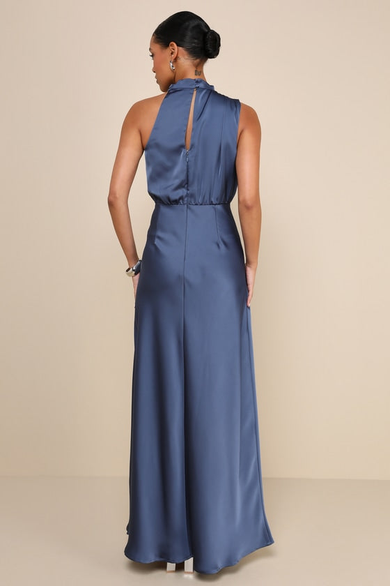 Distinctive Charm Olive Green Satin Asymmetrical Maxi Dress