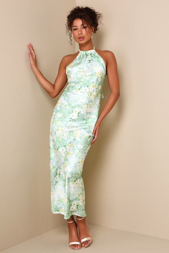 Glowing Presence Light Green Floral Satin Halter Maxi Dress #Color_Light Green Floral
