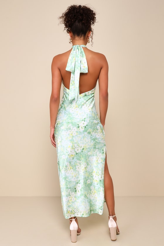 Glowing Presence Light Green Floral Satin Halter Maxi Dress #Color_Light Green Floral