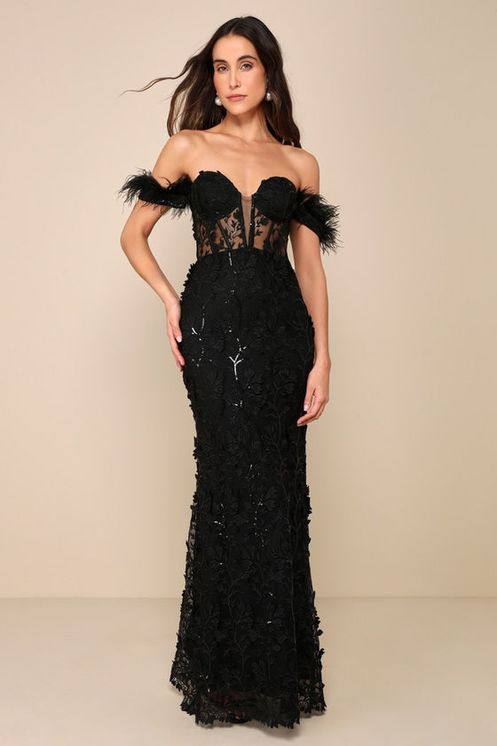 Midnight Sparkle Black Embroidered Feather Bustier Maxi Dress #Color_Black