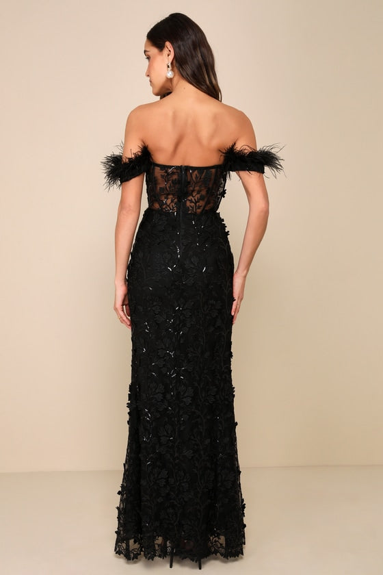 Midnight Sparkle Black Embroidered Feather Bustier Maxi Dress #Color_Black