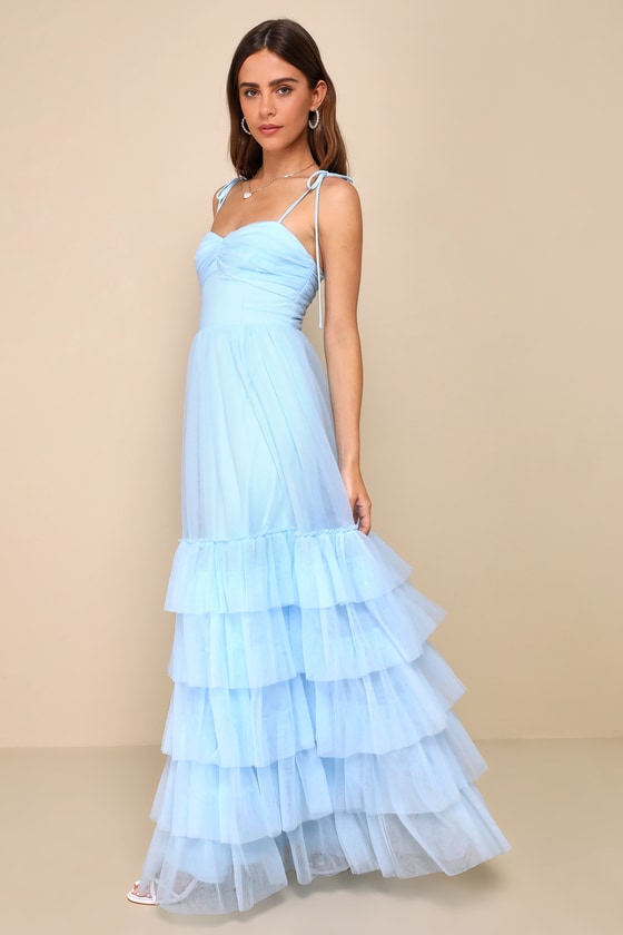 Endlessly Darling Light Blue Mesh Tiered Tie-Strap Maxi Dress #Color_Light Blue