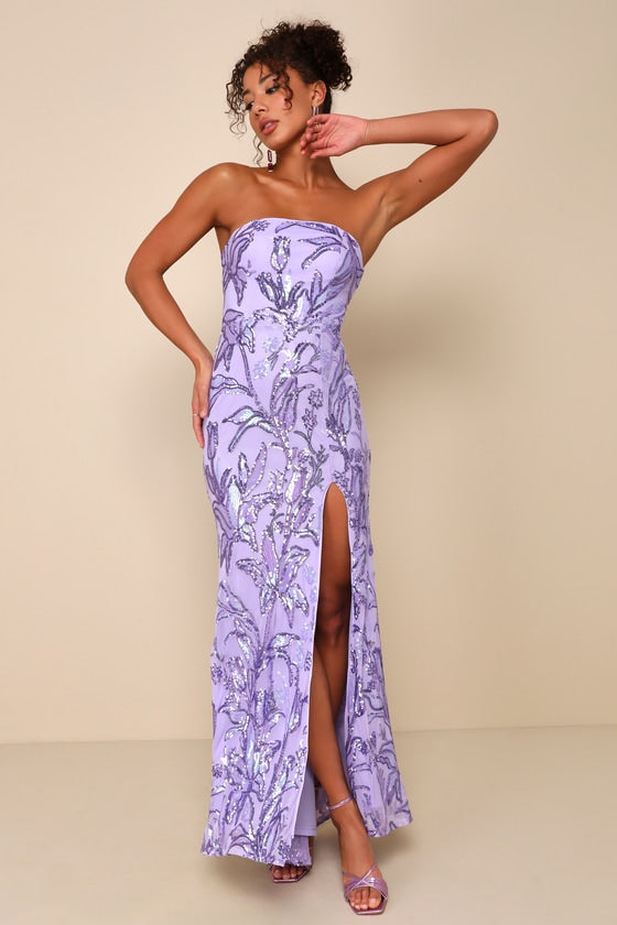 Shimmering Icon Lavender Sequin Lace-Up Strapless Maxi Dress #Color_Lavender