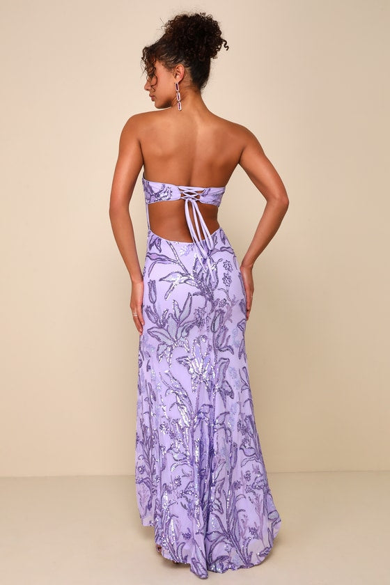 Shimmering Icon Lavender Sequin Lace-Up Strapless Maxi Dress #Color_Lavender