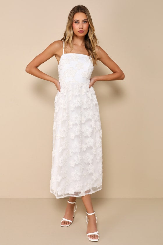 Delightful Charisma White Embroidered Sequin Mesh Midi Dress #Color_White