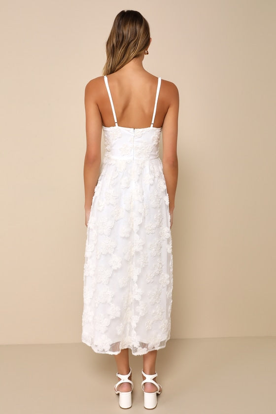Delightful Charisma White Embroidered Sequin Mesh Midi Dress #Color_White