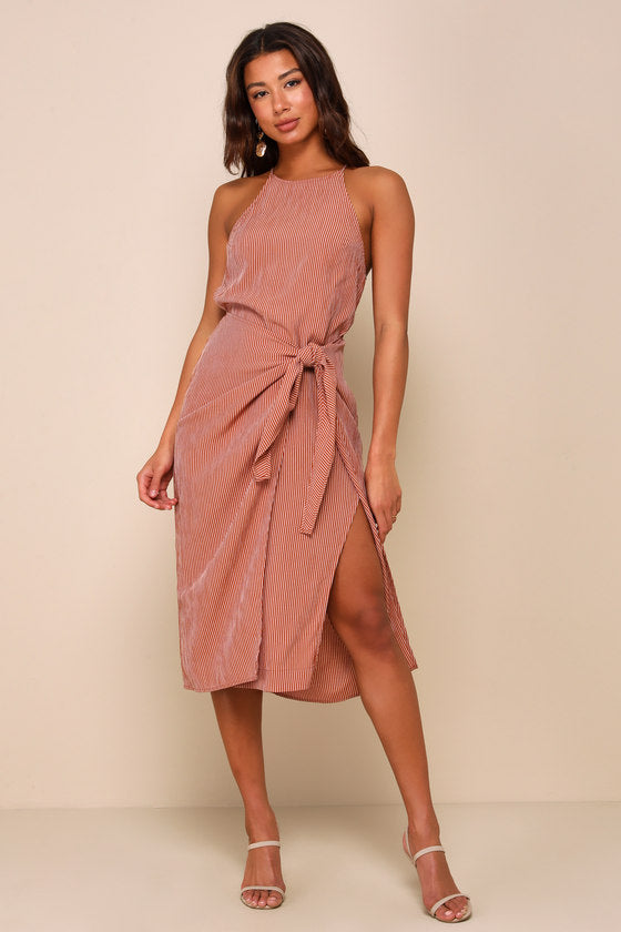 Amalfi Muse Rust Brown Striped Cutout Faux Wrap Midi Dress #Color_Rust Brown