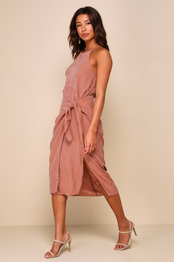 Amalfi Muse Rust Brown Striped Cutout Faux Wrap Midi Dress #Color_Rust Brown