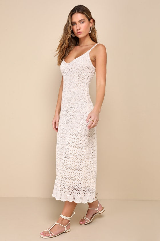Sunset Vibes Light Beige Crochet Sleeveless Midi Dress #Color_Light Beige