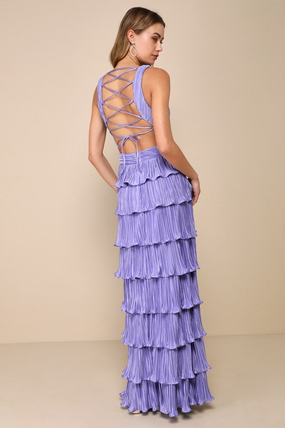 Beauty Icon Dark Teal Satin Pleated Tiered Lace-Up Maxi Dress
