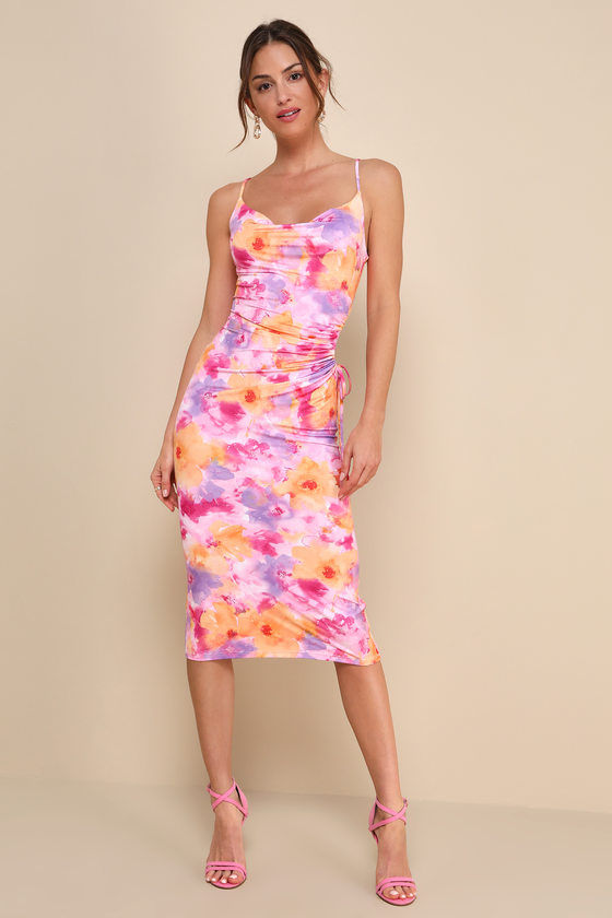 Vibrant Babe Pink Multi Floral Cutout Drawstring Midi Dress #Color_Pink Multi Floral