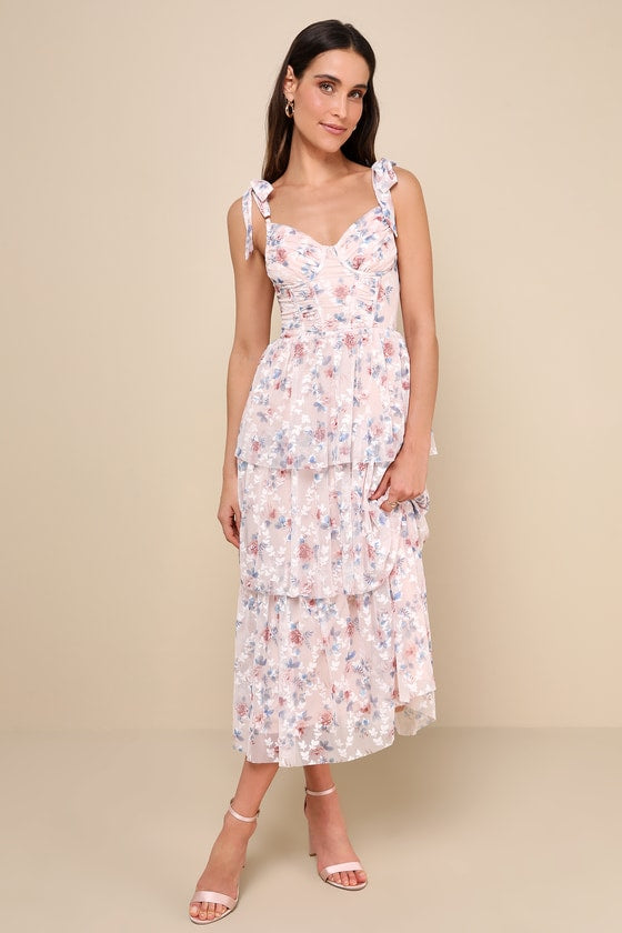 Flirtatious Radiance Blush Pink Floral Mesh Bustier Midi Dress #Color_Blush Pink Floral