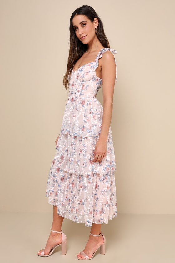 Flirtatious Radiance Blush Pink Floral Mesh Bustier Midi Dress #Color_Blush Pink Floral