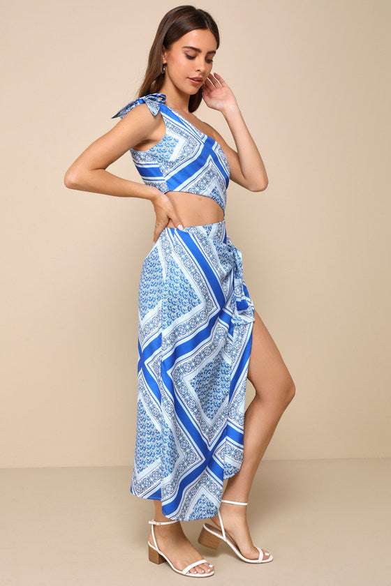 Vacay Beauty Blue Scarf Print One-Shoulder Tie-Strap Midi Dress #Color_Blue Scarf Print
