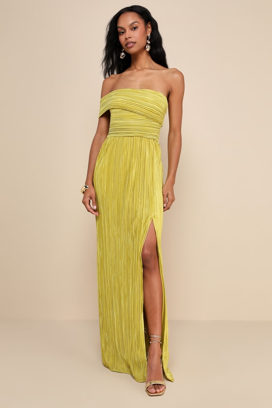 Poised Performance Fuchsia Plisse One-Shoulder Maxi Dress #Color_Chartreuse