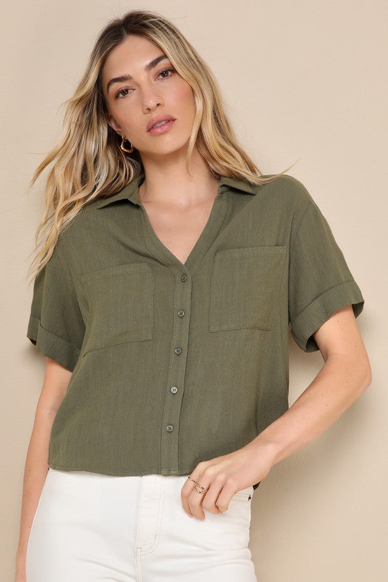 Summer Escapades Rust Red Linen Collared Button-Up Top