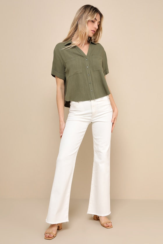 Summer Escapades Rust Red Linen Collared Button-Up Top