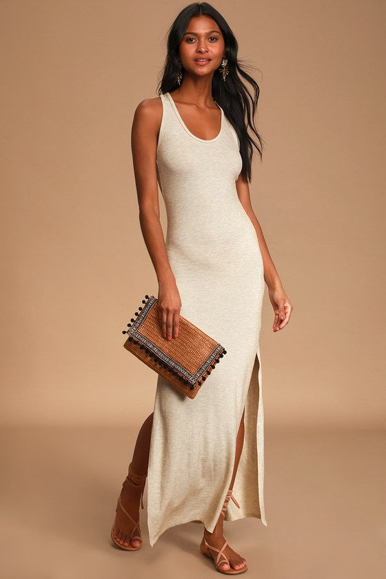 Relaxed but Not Least Beige Ribbed Sleeveless Maxi Dress #Color_Beige