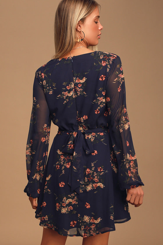 Always Yours Navy Blue Floral Print Long Sleeve Skater Dress #Color_Navy Blue Floral Print