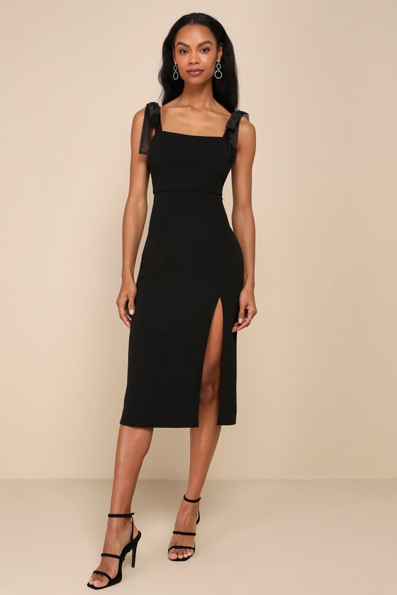 Romantic Celebration Black Tie-Strap Bodycon Midi Dress #Color_Black
