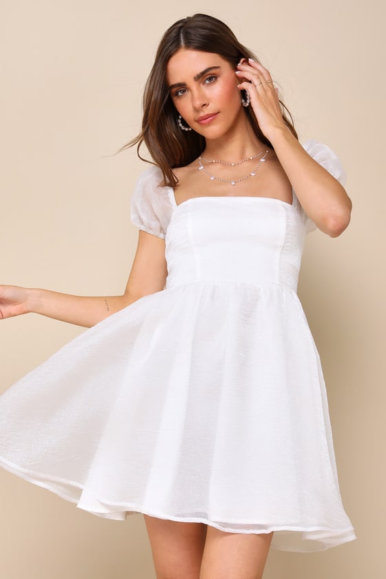 Sweetest Grace Shiny White Organza Puff Sleeve Mini Dress #Color_White
