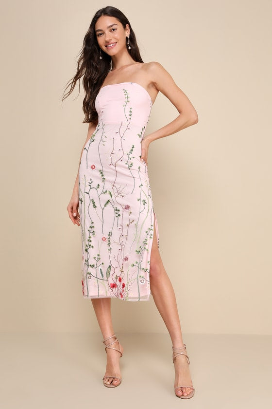Bold Botanicals Black Floral Embroidered Strapless Midi Dress