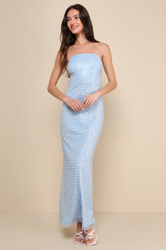 Perfectly Luxurious Light Blue Pearl Strapless Maxi Dress #Color_Light Blue